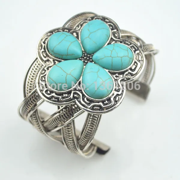 

S123-44 --- Stone Cuff Bracelet Flower Beauty Bangle Jewelry Factory Price Vintage Tibet Alloy wholesale