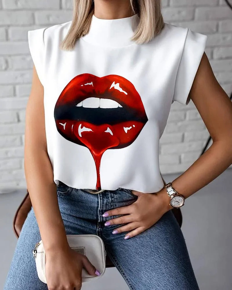 Hirigin-Blusa informal con estampado de labios para verano, camisa elegante con cuello levantado y estampado de labios para mujer, 2020