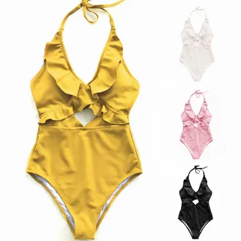 

One Piece Swimsuit High Cut Swimwear Women Soild One Piece Suit Bow Bathing Suit Bather Sexy Monokini Swim Wear