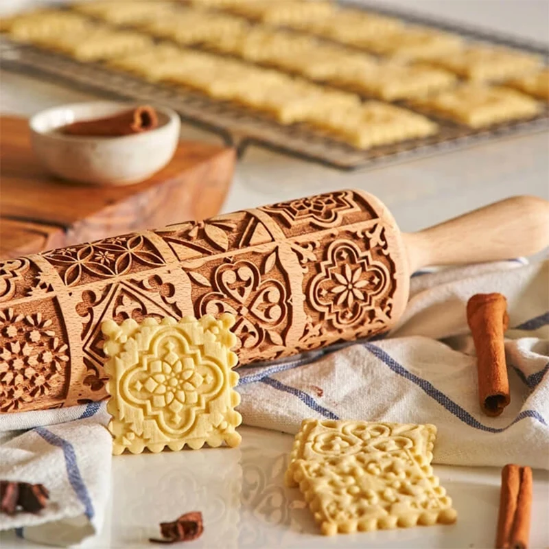 Embossed Wooden Rolling Pin Cookies Biscuit Baking Roller w/ Rose Pattern 