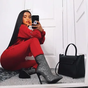 

women boots ankle boots for women Rhinestone stiletto heel women's boots black boots ankle boots sock boots