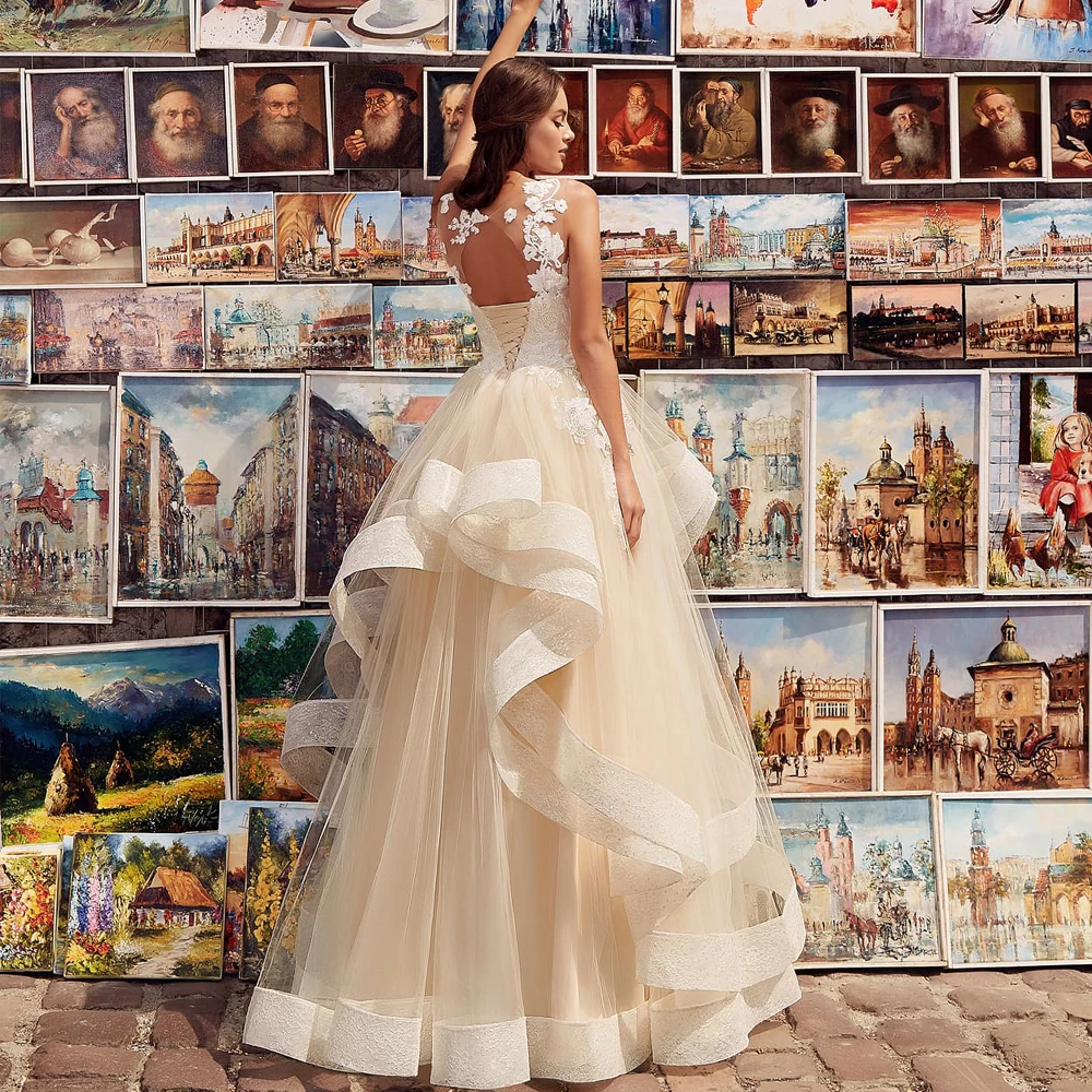 Exquisite Scoop Ruffles Champagne Wedding Dresses Customized Lace Bridal Gown for Women Robe de Mariee Plus Size Bride Dress 6