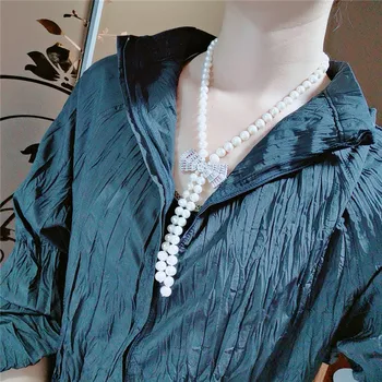 

New 8-9mm white freshwater pearl micro inlay zircon flowers accessories necklace long 90-95cm