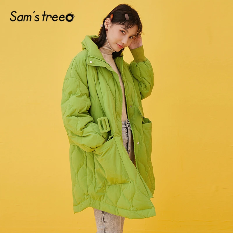 Samstree/зеленое однотонное Теплое повседневное зимнее пальто на молнии с поясом для женщин, Женская куртка с рукавом Бишоп, верхняя одежда