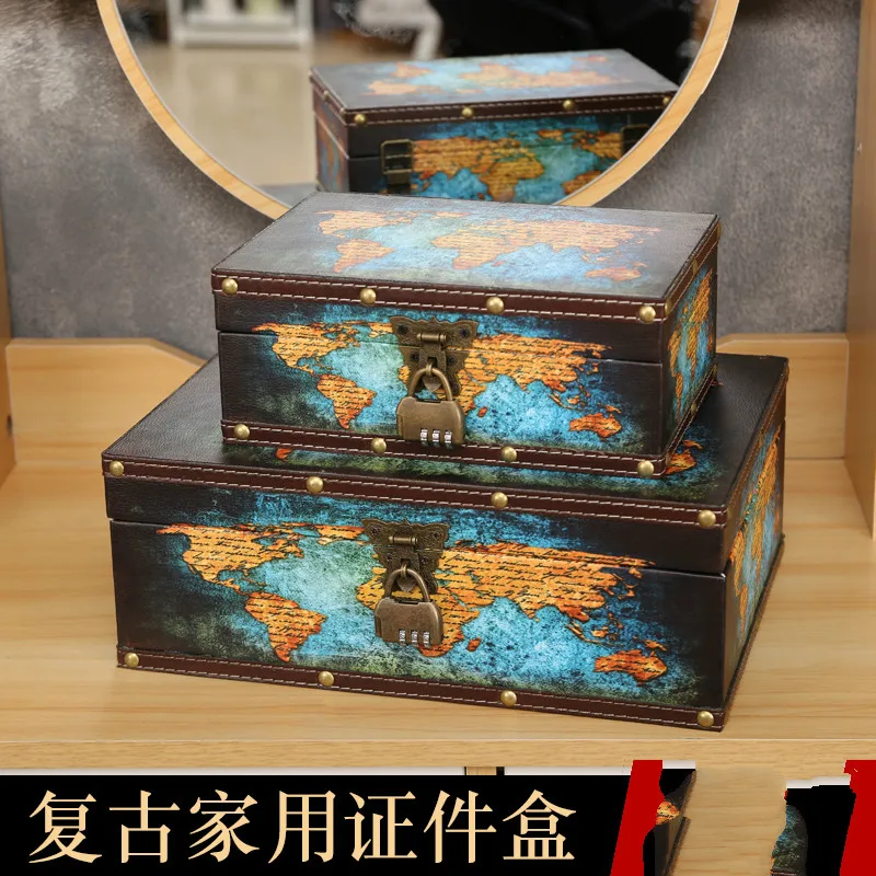 

Wooden Box Household Certificate File Storage Box with Lock Creative Cute Retro Nostalgic European and American Password