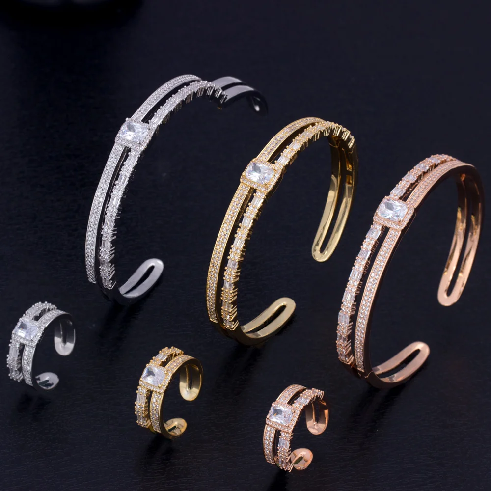 

BRIDE TALK Best Selling 2019 Products African Luxury Micro Paved Baguette Cubic Zircon Adjustable Bangle Ring Sets Full Crystal