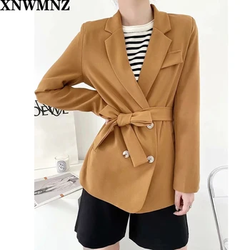 

XNWMNZ Za Fashion Autumn Women belt Blazers Jackets Work Office Lady Suit Slim Double Breasted Business Female chic Blazer Coat