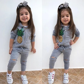 Kids Girls Clothes Outfits Spring Autumn Sequin Pineapple Hooded Tops+Outcrop Pants 2pcs Set Boutique Children Clothing Suit 1