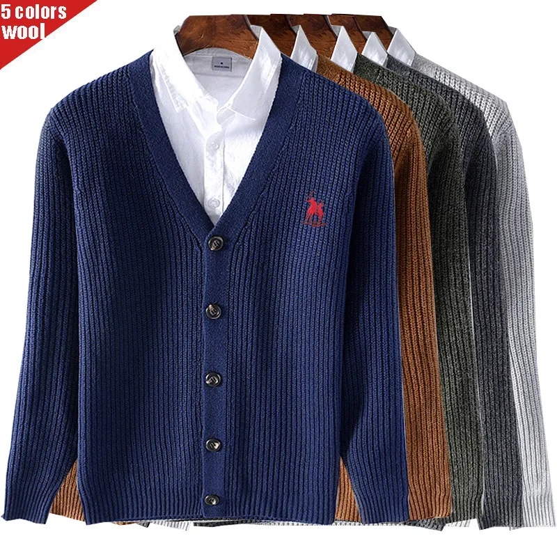 

Autumn Winter Embroidered polo logo New Men's Sweater wool V-Neck Button Striped Solid Long Sleeve Cardigan Sweater Men M-3XL
