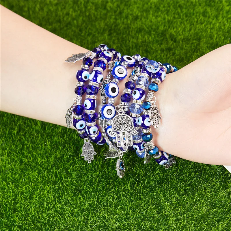 Trendy Couple Turkish Evil Eye Palm Elastic Bracelet For Women Men Charm Handmade Crystal Resin Beaded Bracelets Jewelry Gifts