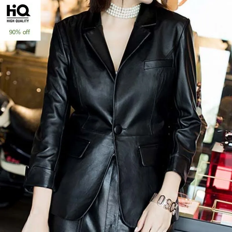 

Women New England Style Slim Sheep Leather Suit Solid Bla Genuine Leather Sheepskin Single Button Turn down Collar Outerwear