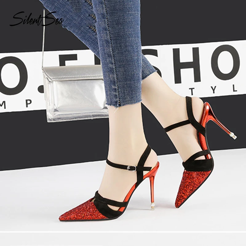 

Silentsea Women Sandals Slip on Gladiator Sandals Lady Stripe Patchwork Elastic Strappy Fashion New High Heel Shoes For Ladies