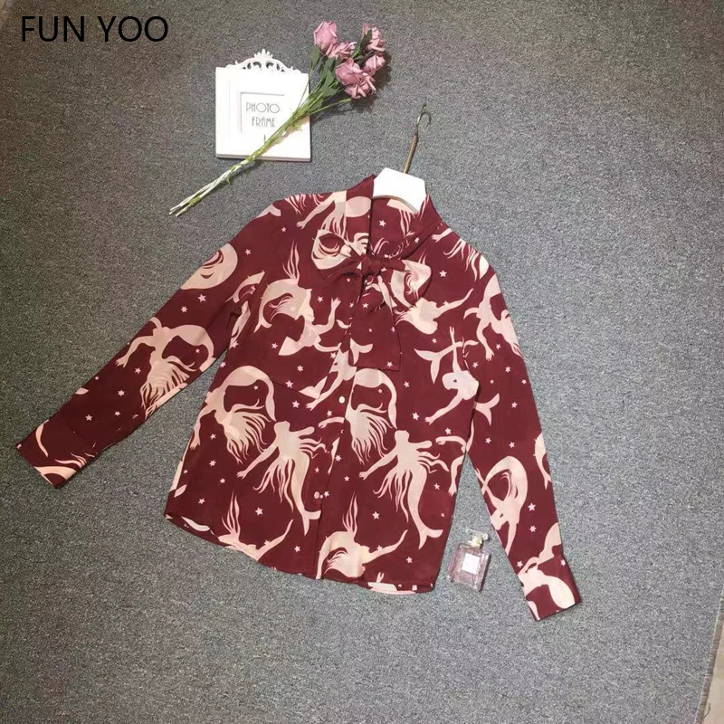 

2019 Woman Silk Shirt Bow Collar Cartoon Turn down Collar Full Sleeves High Street Chic Office Lady Female Autumn