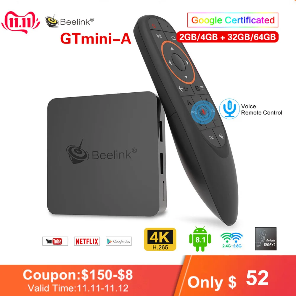Günstig Beelink GTmini EINE Android 8.1 Smart TV Box Amlogic S905X2 Set Top Box 4G 64GB dual band WiFi 2,4G Sprach Remote Unterstützung Netflix 4K