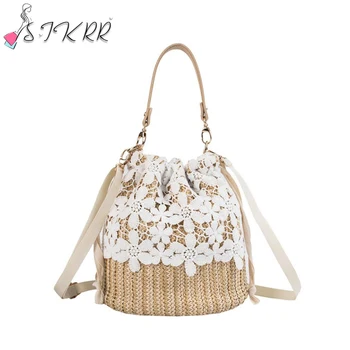 

S.IKRR Korean Lace Patchwork Beach Bag Straw Women's Bags 2021 Summer Female Rattan Bucket Bag Fashion Designer Handbags Luxury