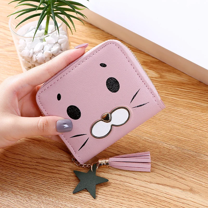 new small wallet ladies short zip wallet Korean version of the cute cat mini key coin purse