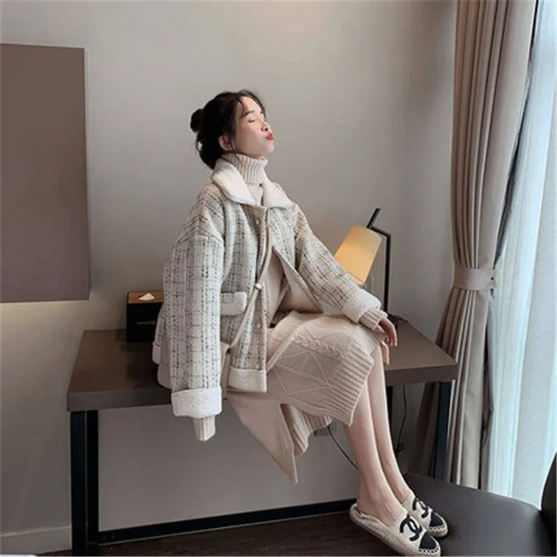 

Autumn Korean Sweet Girl Short Jacket Warm Winter Loose Girl Jacket Pockets Button Casual Tweed Jacket Fashion Retro New Coat