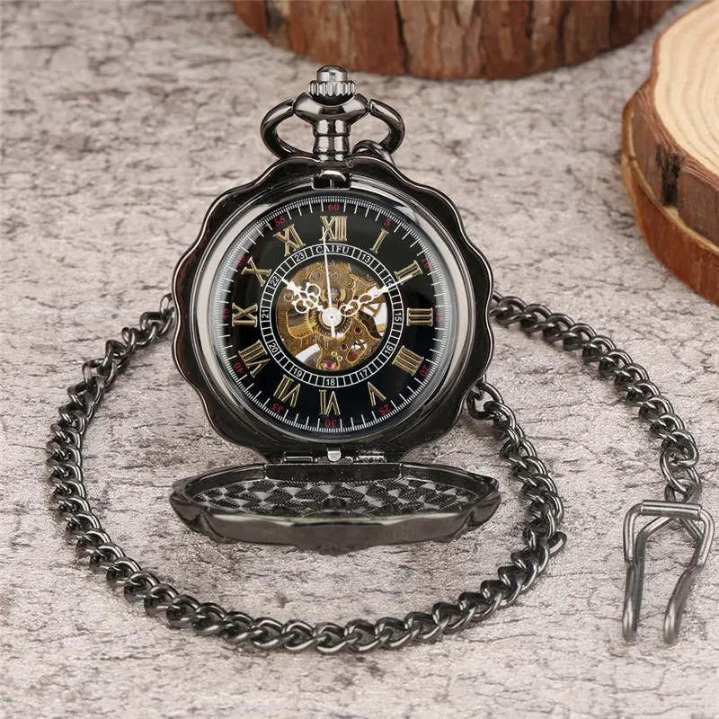 Antique Black/Luminous Dial Hollow Pumpkin Men Women Mechanical Hand Winding Pocket Watch Pendant Chain Gifts relgio de bolso