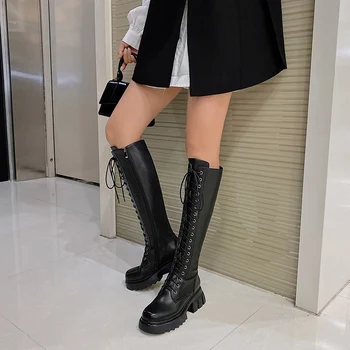

autuspin Classics Women Motorcycle Boots Cross Tied Genuine Leather Shoes Female Winter Party Basic Flat Platform Long Boots