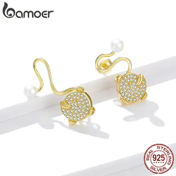 

bamoer GAE372 Pearl Lophiuslitulon Fish Golden Zirconia Stud Earrings Women Real 925 Silver Protect Animal Theme Ear Jewelry