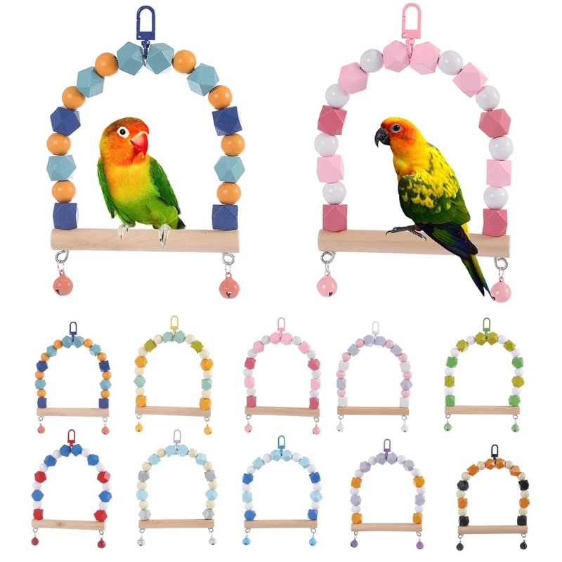 Wooden Bird Swing Parrot Chewing Hanging Perch with Bells Pet Birds Cage Toy for Small Parakeet Lovebird Cockatiel M6CE