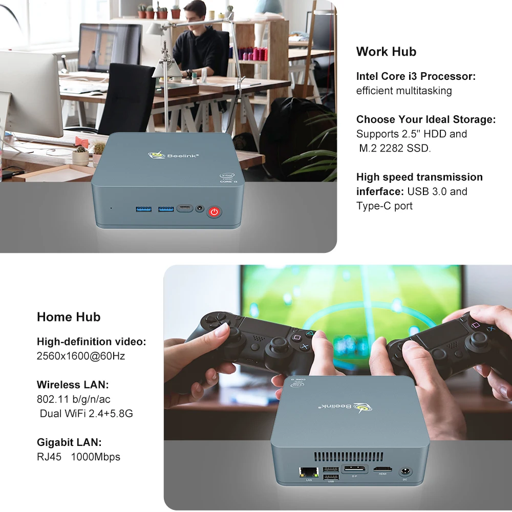 Мини-компьютер Beelink U55 Intel Core I3-5005U Win 10 2,4G+ 5,8G Dual Wifi 8GB DDR3L 256GB 512GB SSD DP+ HDMI с двойным экраном