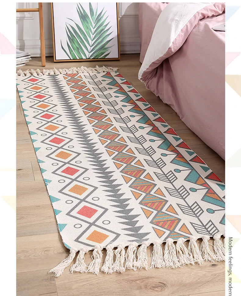 Cotton Hand Knitted Bedside Carpet Vintage Rug Bedroom Living Room Carpets Geometric Indian Mat Bohemian Modern Door Mat