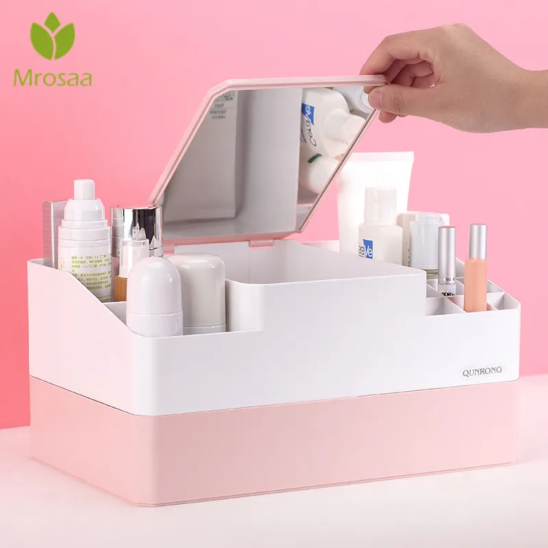  Plastic Makeup Organizer Box Cosmetics Storage Container Lipstick Holder Jewelry Organizer with mir