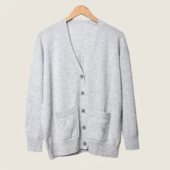 

Women Cashmere Cardigan Gray and Black Sweater Single Breasted V-neck 2019 New Autumn and Winter Cardigans