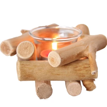 

Pastoral Retro Wooden Driftwood Candle Holder Glass Creative Decoration Romantic European Simple Home