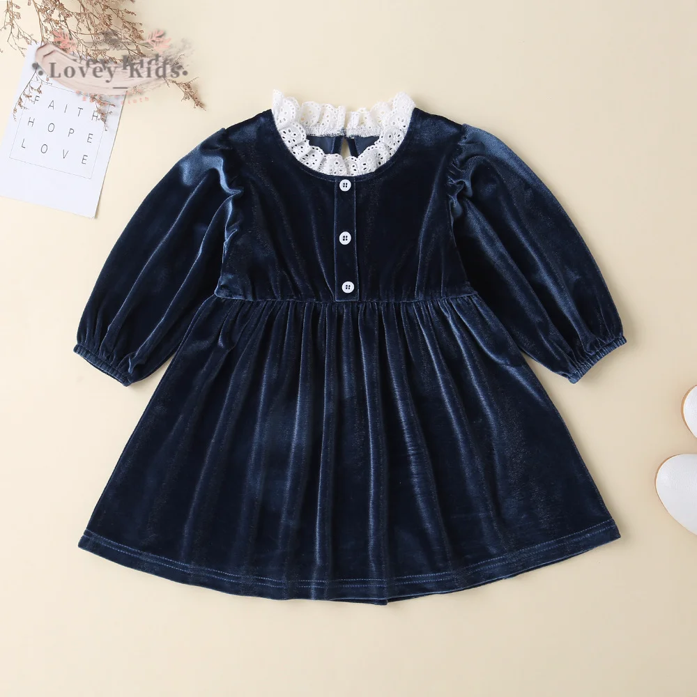 

2020 Autumn Winter Toddler Baby Girl Dress Lace Neck Patchwork Velvet Long Sleeve Solid Infant Sweet Dresses Costume