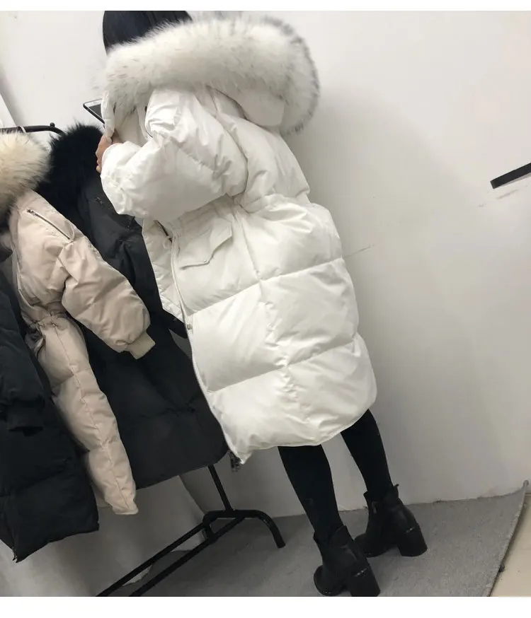 Зима, Южная Корея, Dongdaemun, большой меховой воротник, толстый пуховик средней длины, Женское пальто свободного кроя, большой размер