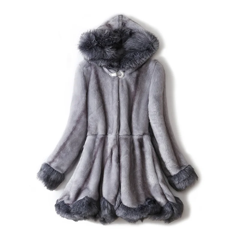 Роскошная норковая шуба размера плюс 6XL, Женское пальто с капюшоном и воротником из лисьего меха, зимняя верхняя одежда с большим карманом, парки, пончо - Цвет: Серый