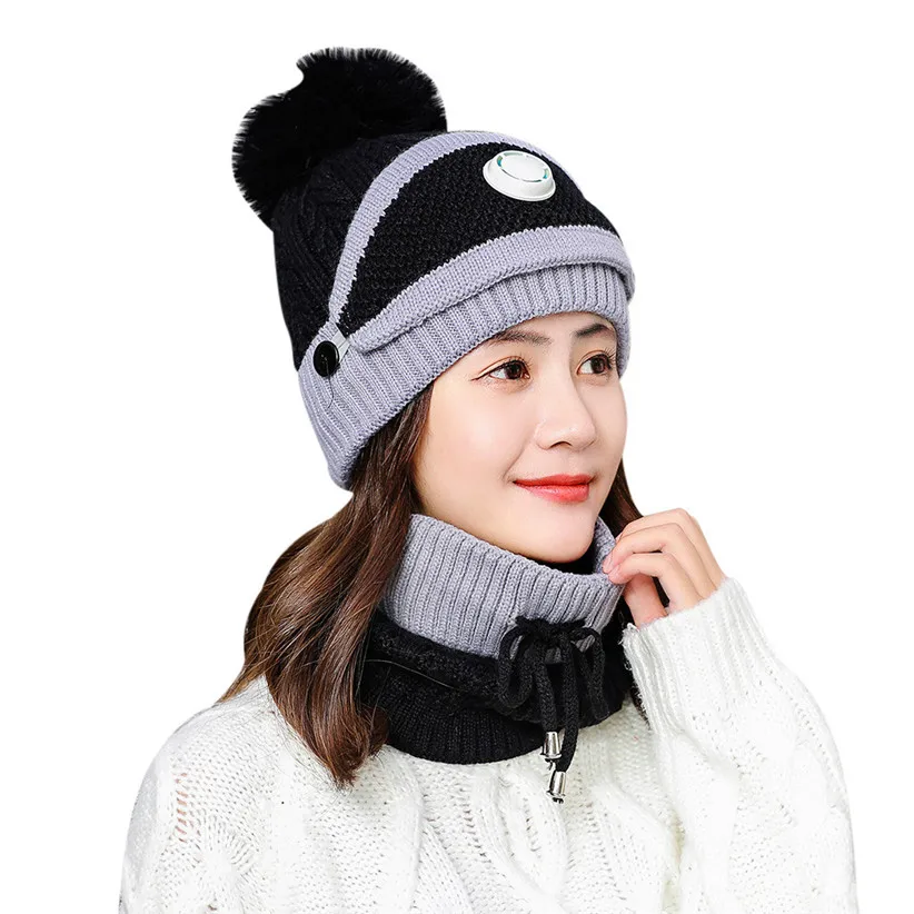 Gray Winter Knit Set Women Girls Patchwork Ball Hat Skullies Beanies Lace-up Scarf O Ring Face Mask Woman Ski Cap 9108 - Цвет: Gray