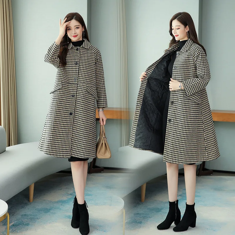 

2019 Winter New Style Korean-style Thousands of Birds Loose-Fit Slimming Thick over-the-Knee Long Woolen Coat Coat