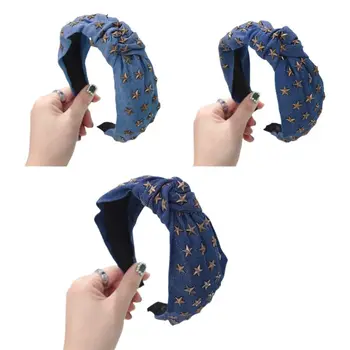 

Bohemian Women Girls Retro Denim Headband Metal Star Rivet Embellished Wide Hair Hoop Twist Knotted Center Styling Headpiece
