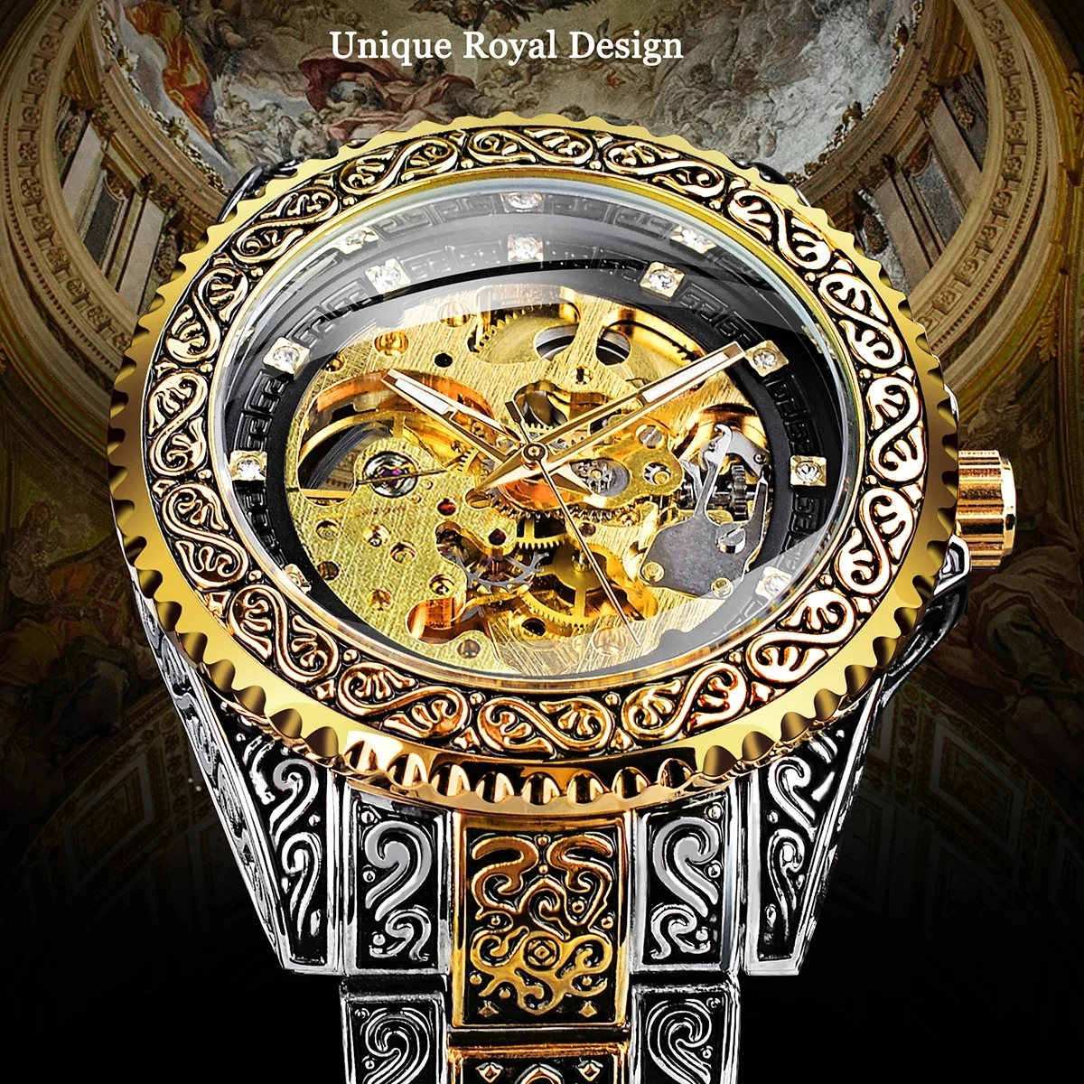 Forsining Diamond Automatic Watches Men Mechanical Wristwatches Fashion Golden Black Skeleton Wrist Watch Luxury Zegarek Męski