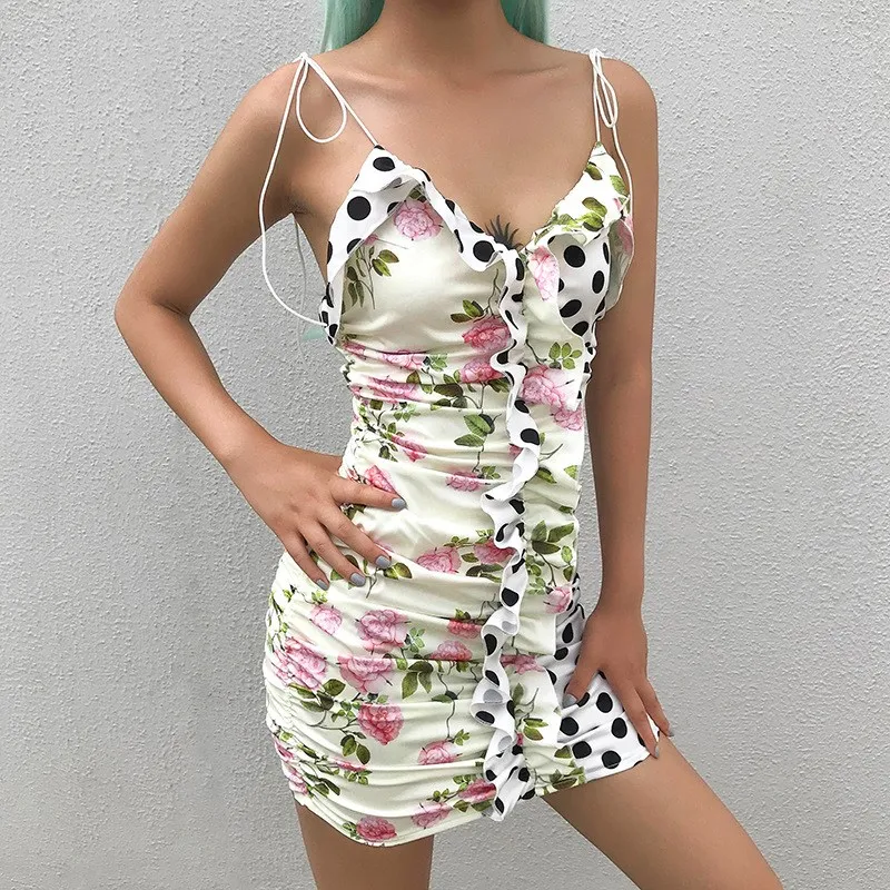 

Fashion Nice Summer Ruched Ruffles Dot Print Dress Women Sexy Spaghetti Strap Beach Bodycon Dress Party Club Mini Dress