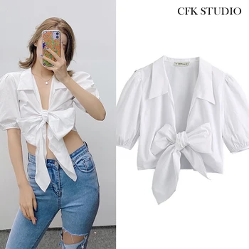 

Za Women Sexy Crop T-shirt with Deep V-neck Ruffles Half Sleeve Summer Loose Tank Top Femme Basic Loose Personality Tee Top