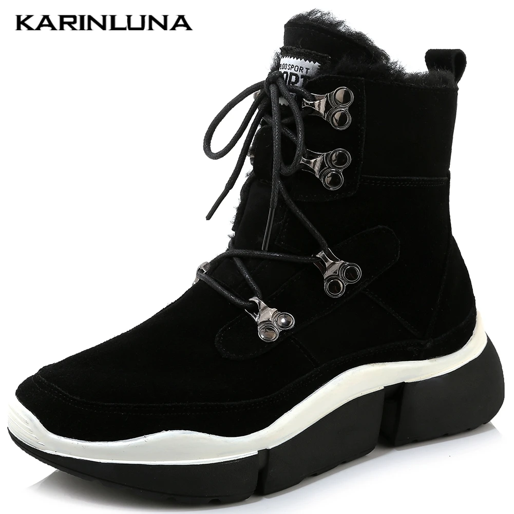 Karinluna/2019 г., новый дизайн, модные ботильоны на шнуровке из коровьей замши женская обувь теплая зимняя обувь на платформе женские ботинки
