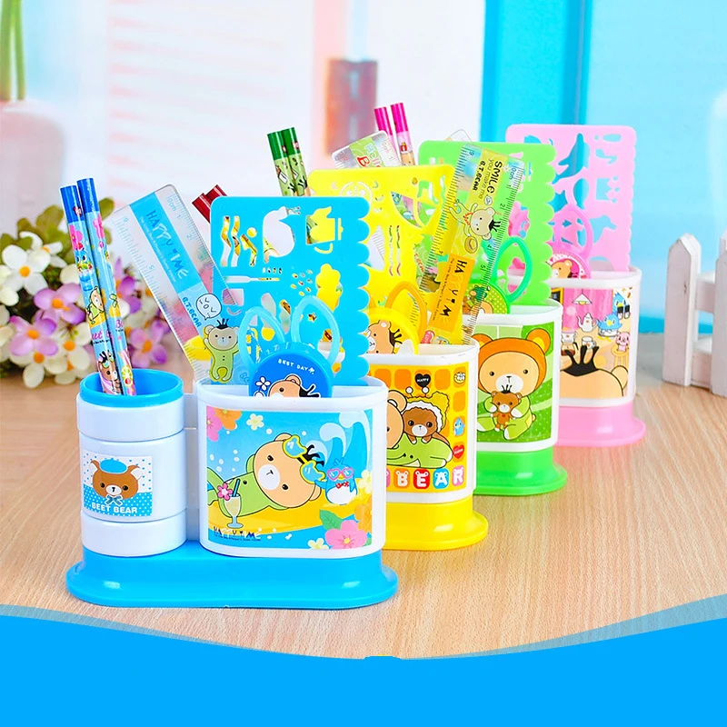 

1set Cartoon Pencil Ruler Earser Sharpener 7 In 1 Stationery Set for Kids Gift School Children Student with Mold and Pen Holder