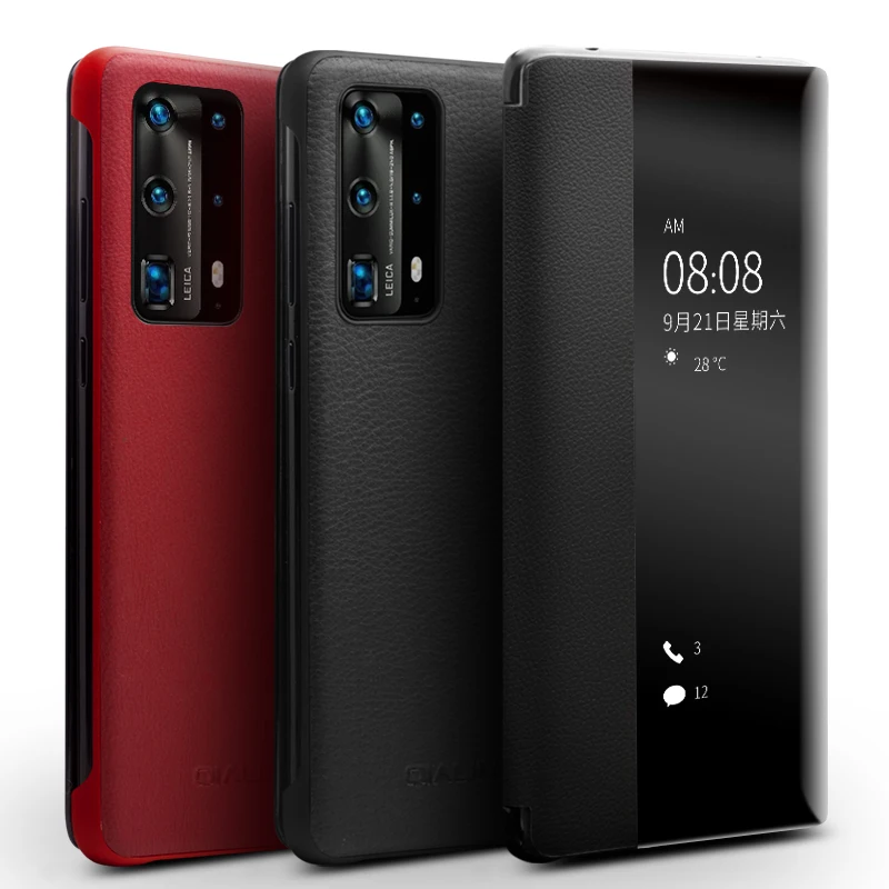 QIALINO Luxury Genuine Leather Phone Cover for Huawei P40 Pro+Plus with Smart View Flip Ultra Slim Case for Huawei P40/P30 Pro