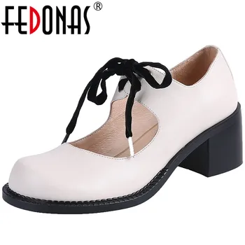 

FEDONAS Women Cow Leather Casual Shoes Working Shoes Spring Summer Lace Up Pumps Round Toe New Arrival 2020 Retro Shoes Woman