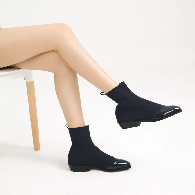 

2019 Autumn And Winter New Style Short Boots Small Ck1-91680055 Material Joint Square Head Low Bounce Socks Boots WOMEN'S Shoes