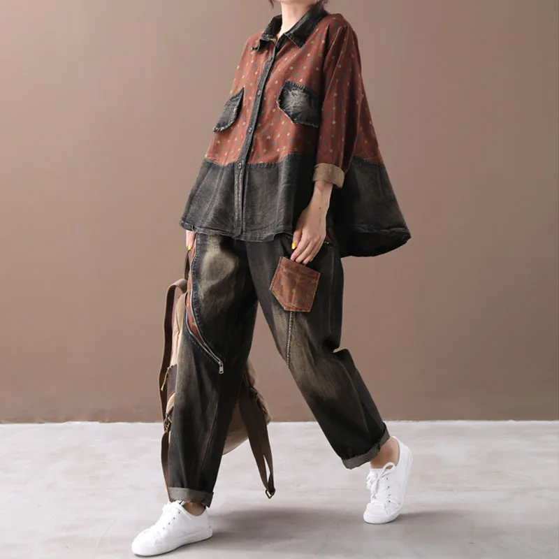 

2019 female new autumn korean style Literary retro print stitching casual loose denim two-piece set