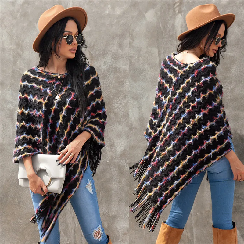 

Poncho Women Autumn Winter 2020 Vintage Knit Pullover Color Wave Tassel Shawl Sweater Cloak Cape Coat Femme поно женское пало