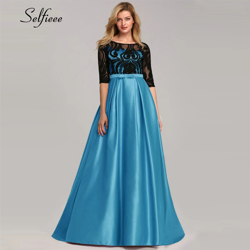 Elegant Dresses A-Line O-Neck Empire Bow Lace Contrast Color Sexy Woman's Dresses Evening Formal Party Gowns Robe ete Femme