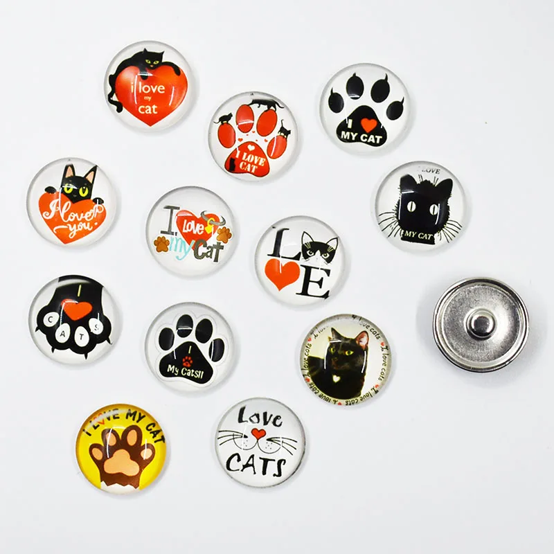 20 шт. Смешанное имбирное стекло украшение с защелкой I Love Cats для DIY 18 мм браслет с кнопочной защелкой ожерелье ювелирные изделия