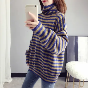 

Korean Version Of The Sweater Loose Casual Pullover Fashion High Collar Striped Print Generous And Decent Sexy And Charming