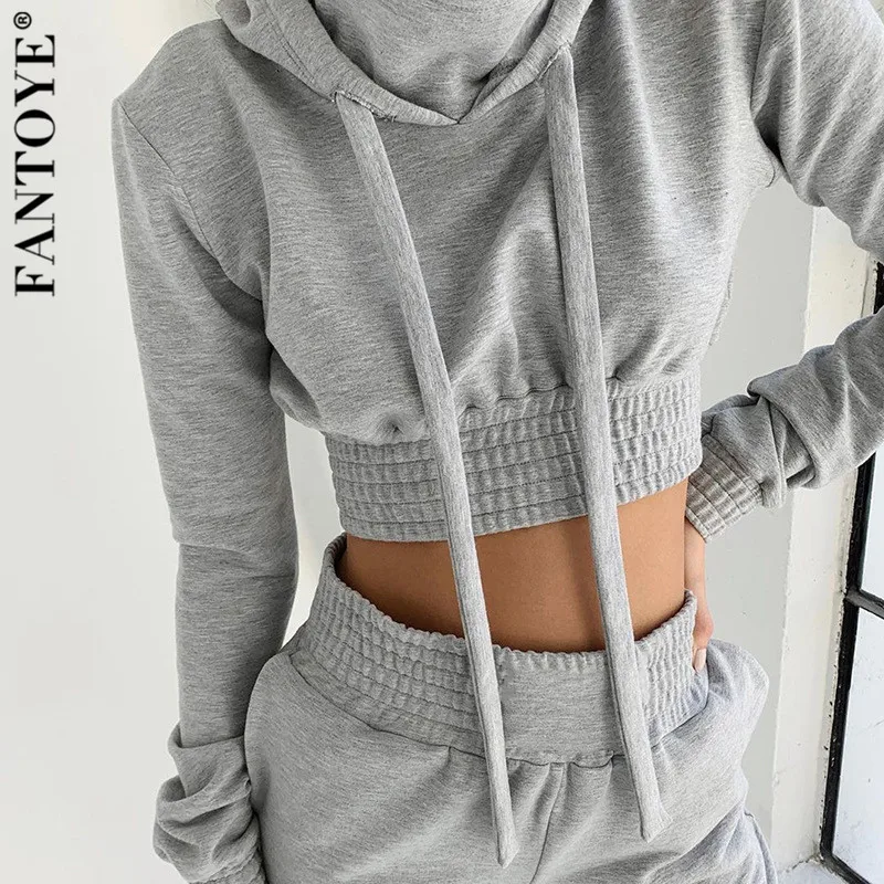 

Fantoye Women Casual Two Piece Set Hoodies Crop Top And Pants Jumpsuit 2019 New Elastic Tracksuit Women Clothing Suits Sportwear